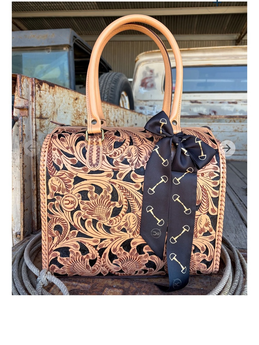 Hand-Tooled Floral Leather Satchel in Tan & Black